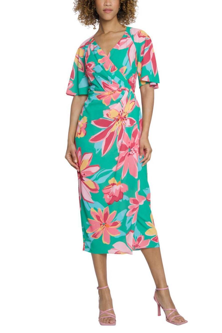 NEW MAGGY LONDON floral flutter sleeve faux-wrap dress in green coral